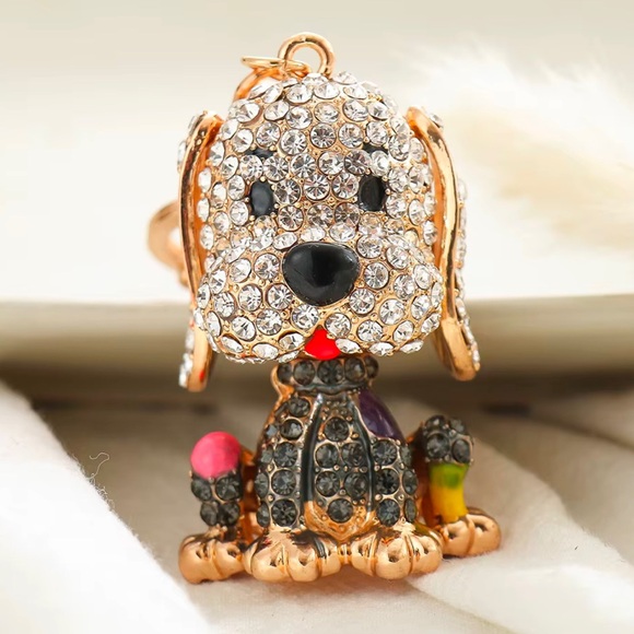 🐶 Puppy Dog Black & White Rhinestone Crystal Bag Charm Keychain Gold-Tone - Picture 2 of 9